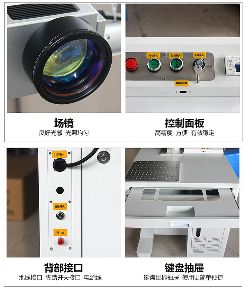 臺(tái)式小型光纖激光打碼機(jī)的場(chǎng)鏡、控制面板、背部接口、鍵盤抽屜展示圖